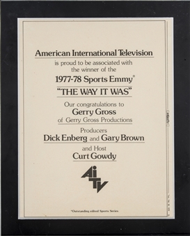 1977-78 American International Television Sports Emmy Presented To Dick Enberg For "The Way It Was" (Letter of Provenance)
